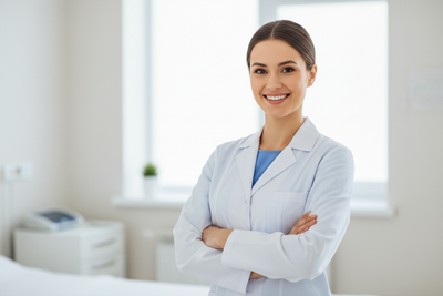 Give a picture of a women doctor posing for a photo smiling and crossing her arms